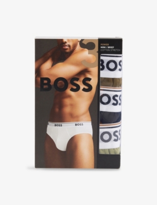 Shop Hugo Boss Mens Boss Power Logo-waistband Pack Of Three Stretch-cotton Briefs In 964 Open Miscellaneous