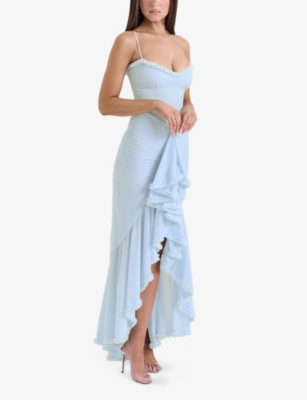 Shop House Of Cb Of Cb Womens Ice Blue Gabbi Ruffled-front Slim-fit Stretch-mesh Maxi Dress