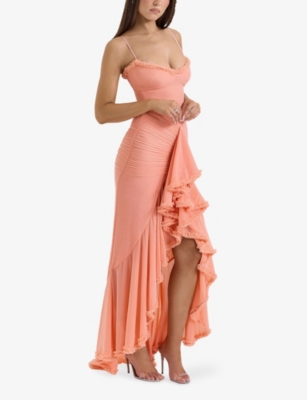 HOUSE OF CB OF CB WOMENS PEACH GABBI RUFFLED-FRONT SLIM-FIT STRETCH-MESH MAXI DRESS XS 