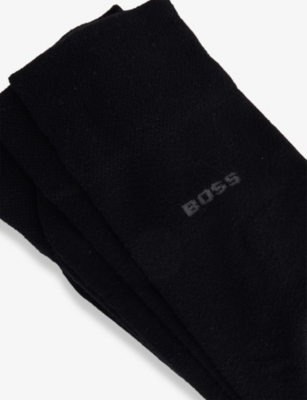 HUGO BOSS MENS BLACK INTARSIA-LOGO CREW-LENGTH PACK OF TWO STRETCH-KNIT SOCKS