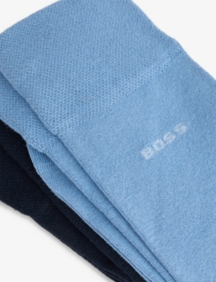 Hugo Boss Mens Boss Intarsia-logo Crew-length Pack Of Two Stretch-knit Socks In Light/pastel Blue