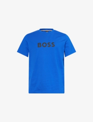 Hugo Boss Mens Medium Blue Brand-print Crewneck Cotton-jersey T-shirt