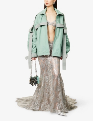 THE ATTICO: Floral-Lace High-Low Metallic Maxi Skirt