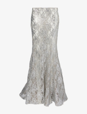 THE ATTICO: Floral-Lace High-Low Metallic Maxi Skirt