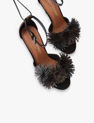 Kurt Geiger Womens Black/comb Pom Pom Suede Heeled Sandals Eur 37 / 4 Uk