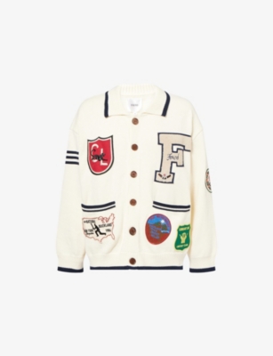 FOUND: Varsity Embroidered Knitted Cotton Cardigan