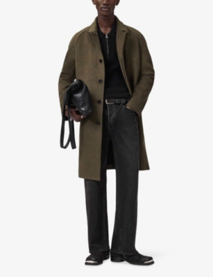 Allsaints Mens Log Brown Trent Single-breasted Wool-blend Coat In Green