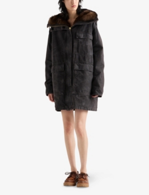 Prada Canvas Shearling-hood Coat In Brown