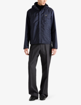 Prada Mens  Enamelled-logo Re-nylon Bomber Jacket In Blue