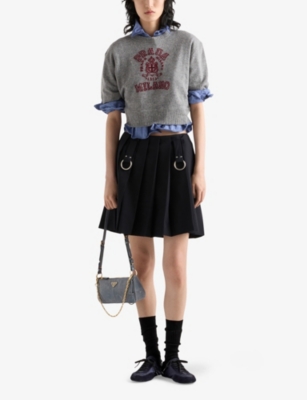 Prada Womens Grey Logo-intarsia Short-sleeve Cropped Wool And Cashmere Knitted Jumper In Grey