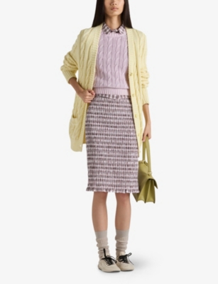 PRADA: Checked Smocking-Stitched Cotton Midi Skirt