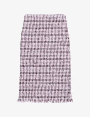 PRADA: Checked Smocking-Stitched Cotton Midi Skirt