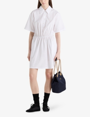 Prada Womens White Gathered-waist Classic-collar Cotton Mini Dress