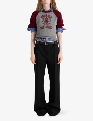 PRADA: Wide-Leg Logo-Embroidered Wool-Garbadine Trousers