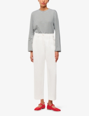 Whistles Omens  Stripe Cropped Long-sleeve Cotton-jersey T-shirt In Khaki/olive