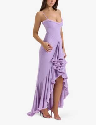 HOUSE OF CB OF CB WOMENS ORCHID GABBI RUFFLE-FRONT SLIM-FIT STRETCH-MESH MAXI DRESS 