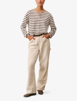 The White Company S White/choc Round-neck Button-up Cotton Top In White