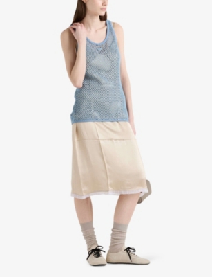 Prada Womens Light Blue Sleeveless Triangle-plaque Cotton Mesh Top In Light Blue