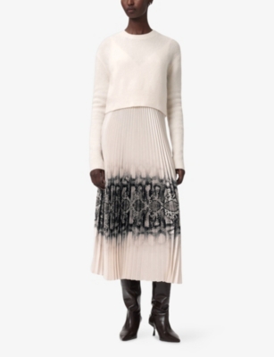 Allsaints Womens Curtis Ophis Two-in-one Snake Print Stretch-woven Midi Dress Chalk White In Neutral