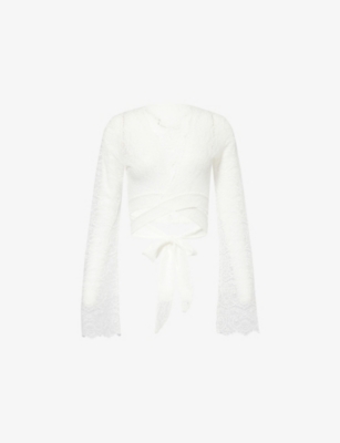 Away That Day Womens Palm Island Cropped Stretch-lace Top Bridal White Xs