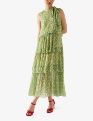 LK BENNETT: Kristin Graphic-Print Tie-Neck Tiered Woven Midi Dress