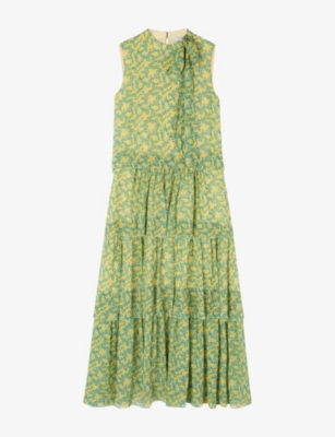 LK BENNETT: Kristin Graphic-Print Tie-Neck Tiered Woven Midi Dress