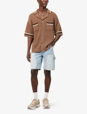The Couture Club Mens  Striped Crochet-knit Cotton Shirt
