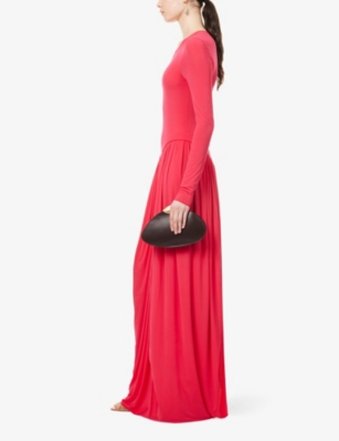 GENNY WOMENS BRIGHT ROSE LONG-SLEEVE GATHERED-WAIST STRETCH-JERSEY MAXI DRESS 