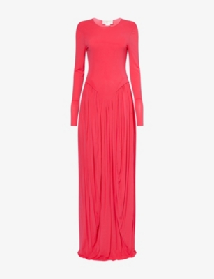 GENNY WOMENS BRIGHT ROSE LONG-SLEEVE GATHERED-WAIST STRETCH-JERSEY MAXI DRESS 