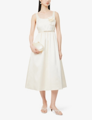 SELF-PORTRAIT: Flower-Appliqué Flared Woven Midi Dress