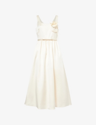 SELF-PORTRAIT: Flower-Appliqué Flared Woven Midi Dress