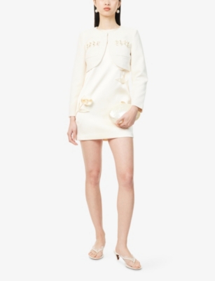 Self-portrait Womens Cream 3d Floral-appliqué Cropped Crepe Jacket In Cream