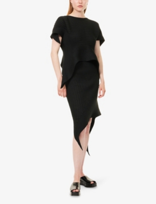 Shop Issey Miyake Womens Black Subdued Asymmetric Knitted Midi Skirt