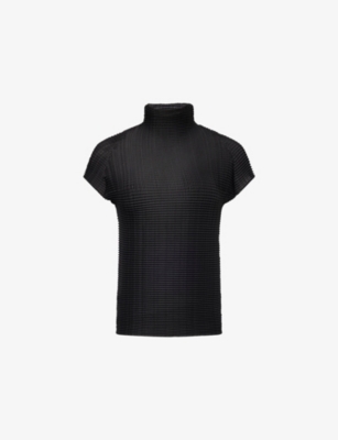 Issey Miyake Womens Black Textured Cap-sleeves Knitted Top In Black