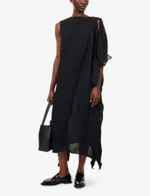 Issey Miyake Womens Black Twisted Asymmetric Knitted Midi Dress In Black
