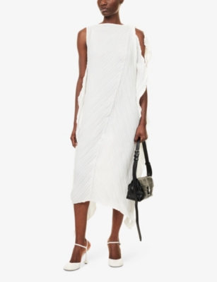 Issey Miyake Womens Washi White Wrinkled And Twisted Asymmetric Knitted Midi Dress In White