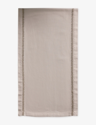 The White Company Feather-bordered Embroidered Linen-cotton Blend Table Runner In Gray