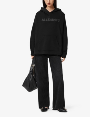 Allsaints Womens Black Pins Ettienne Logo-embroidered Cotton Hoody In Black