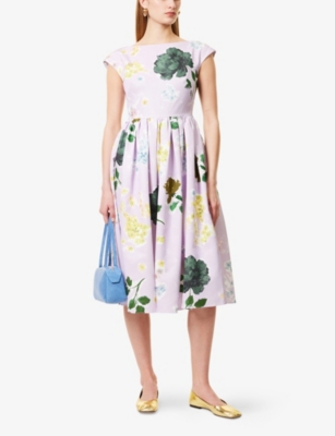 ERDEM WOMENS MARGOT FLORAL LILAC BOAT-NECK FLORAL COTTON-BLEND MIDI DRESS 