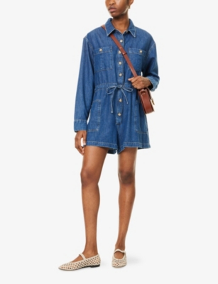 Paige Womens Glimpse Madigan Spread-collar Cotton-blend Denim Romper In Blue