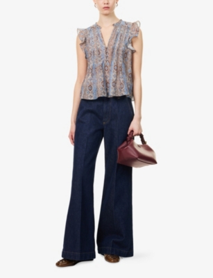 PAIGE WOMENS PAIGE IDRIS PAISLEY-PRINT FLUTTER-SLEEVE COTTON AND SILK-BLEND TOP 