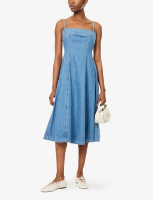 PAIGE: Pippa Square-Neck Cotton-Blend Denim Midi Dress