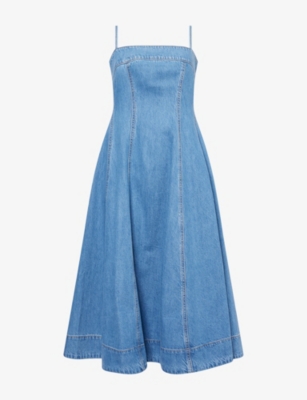 PAIGE: Pippa Square-Neck Cotton-Blend Denim Midi Dress