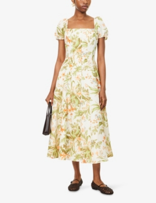Paige Womens Oyster White Multi Lindi Square-neck Floral Silk-and-linen Midi Dress