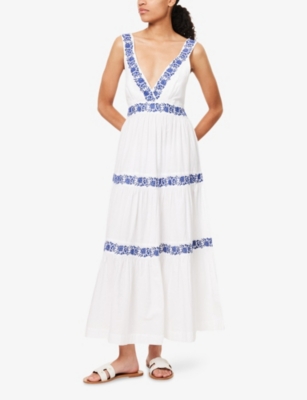 Heidi Klein Womens Wht-blu Cannes Embroidered Cotton-poplin Maxi Dress