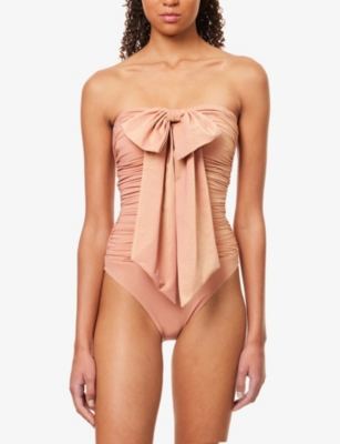 ZIMMERMANN WOMENS SHELL PINK COCO METALLIC DRAPE BOW ONE-PIECE SWIMSUIT 