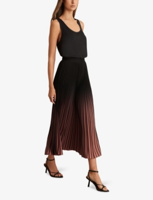 Reiss Womens Marlie Ombre-print Pleated Woven Midi Skirt Burgundy Black In Multi