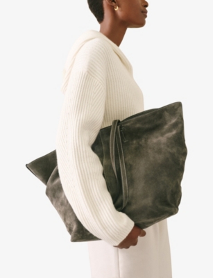 THE WHITE COMPANY: Folded Contrast-Stitch Suede Tote
