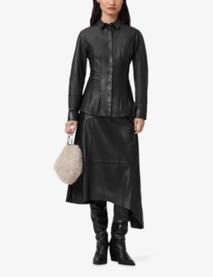 Allsaints Womens Black Gia Lea Asymmetric-hem Leather Midi Skirt In Black