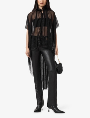 Allsaints Womens Black Haldan Bootcut Mid-rise Leather Trousers In Black